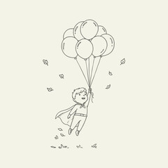 A cheerful young boy dressed as a superhero floats upwards held aloft by a bunch of balloons.