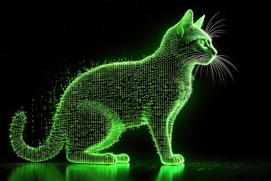 A glowing neon green digital code silhouette of a cat.
