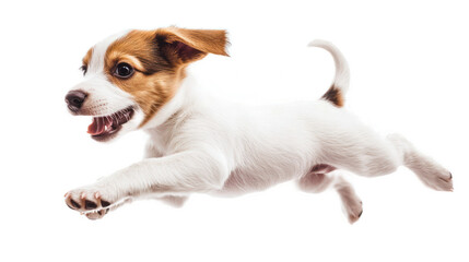 Playful Brown and White Puppy in Midair, Capturing the Joy of Youth, Energy, and Freedom in a Perfect Moment of Canine Adventure and Fun