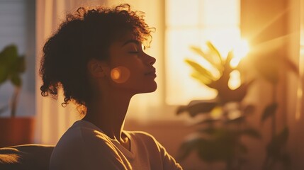 Mindful Breathing for Stress Relief - A person practicing mindful breathing exercises in a quiet room with soft lighting, focusing on relaxation and releasing tension - obrazy, fototapety, plakaty