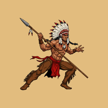 A powerful Native American warrior in full headdress is depicted wielding a spear in a fighting stance.