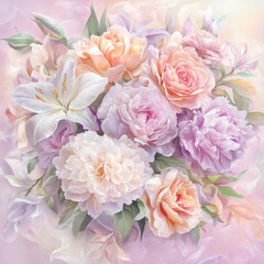 Beautiful floral arrangement featuring peonies, roses, and lilies in soft pastel colors, creating serene and elegant atmosphere. Perfect for home decor or as gift