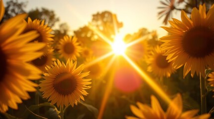 Sunlit Sunflowers Basking In Golden Hour Glow