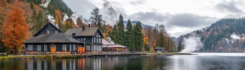 Fototapeta premium A serene lakeside view featuring rustic buildings surrounded by autumn foliage and mountains.