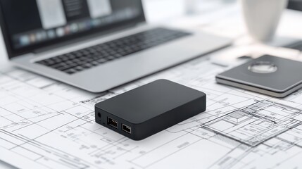 Office desk external hard drive on blueprints, laptop background