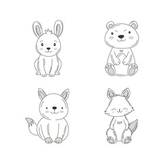 Vignetting Set of Cute Rabbit Bear Fox Doodle Cartoon Character