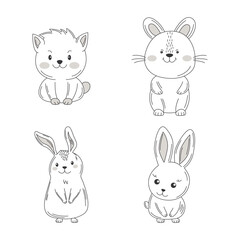 Vignetting Set of Cute Rabbit Cat Doodle Cartoon Character