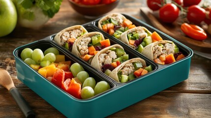 Healthy Lunchbox with Fresh Ingredients - A healthy lunchbox filled with fresh ingredients like fruits, whole grain wraps, and veggie snacks, perfect for a nutritious meal on-the-go