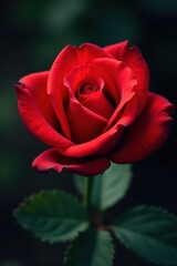 Close-up of a single red rose, petals ablaze with vibrant color, Valentine's Day, floral