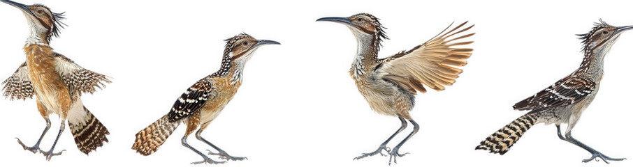 four different poses of a bird. highlighting its unique features and movements the bird appears to have intricate feather patterns and a distinctive shape. emphasizing its beauty and adaptability in v