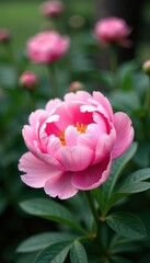 Obraz premium Soft pink peony blossoms, lush petals, blurred background, spring, nature