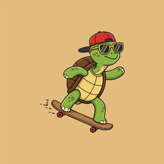 A cartoon turtle wearing sunglasses and a cap skateboards across a beige background.