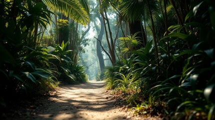 Sunlit Path Through Lush Tropical Foliage