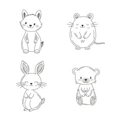 Vignetting Set of Cute Fox Rabbit Mouse Hamster Doodle Cartoon Character