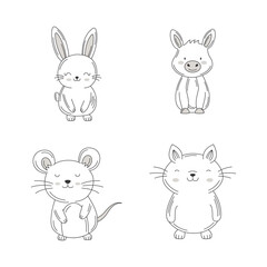 Vignetting Set of Cute Rabbit Pig Mouse Cat Doodle Cartoon Character