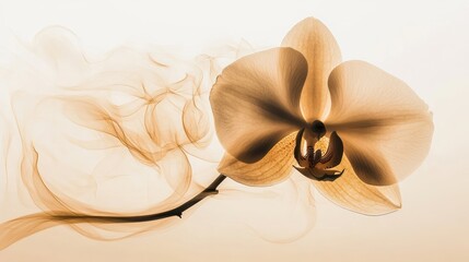 Beige orchid blossom, smoke swirls, studio backdrop, spa ad