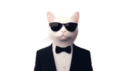 Stylish Cat in Sunglasses and Tuxedo Exuding Coolness and Charisma Against a Solid Background, Perfect for Fun and Whimsical Illustrations