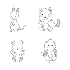 Vignetting Set of Cute Kangaroo Mouse Bear Owl Bird Doodle Cartoon Character