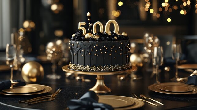 Elegant 500th Anniversary Cake on Gold-Accented Table with Festive Background