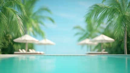 Fototapeta premium Serene Morning at a Resort Pool with Lush Palm Trees and Tranquil Atmosphere