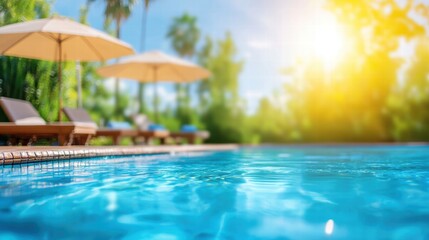 Fototapeta premium Tranquil Poolside Oasis with Luxury Umbrellas and Comfortable Chairs Under a Bright Sun