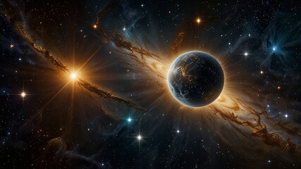 Obraz premium In a celestial masterpiece found deep within vast galaxies, a glowing orb of celestial significance floats majestically, radiating hues of shimmering golds and silvers. This exquisite photograph captu