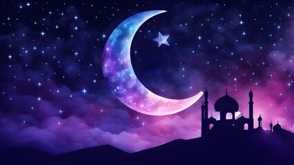 Naklejka premium A serene night sky featuring a crescent moon, star, and silhouette of a mosque.