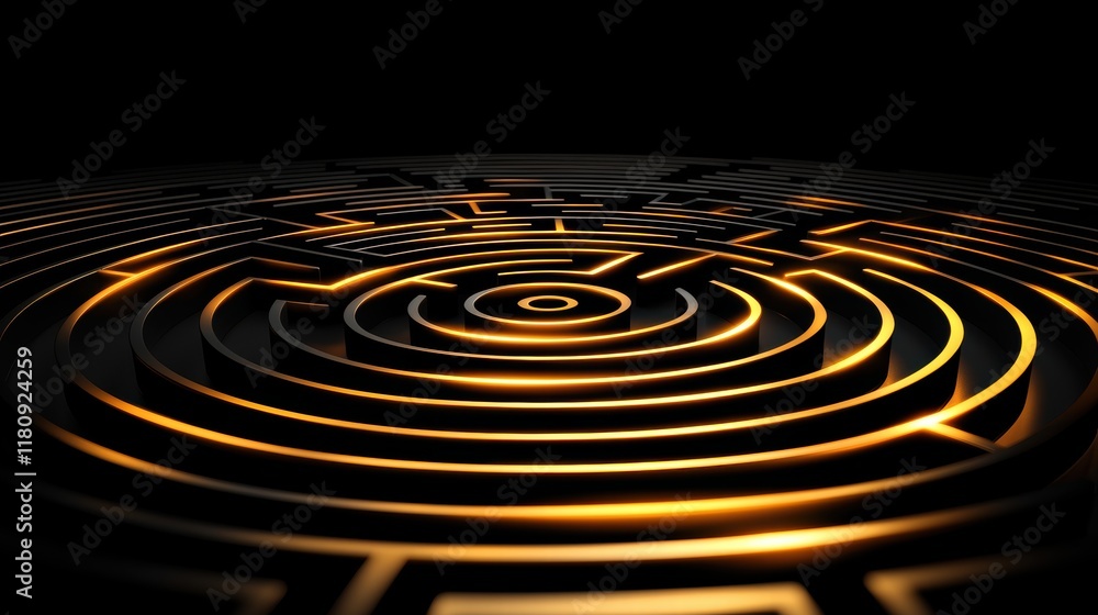Poster enigmatic design of a black maze with soft glowing lines in a dark environment
