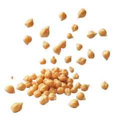 a dynamic arrangement of chickpeas. some floating above a mound of others. creating a visually striking composition the focus on these legumes highlights their texture and color. suggesting themes of