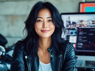 Confident Woman in Leather Jacket with Workspace Background