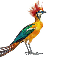 Fototapeta premium vibrant. fantastical bird with a striking colorful plumage. including shades of orange. green. and blue. and a dramatic feather crest resembling a fiery mane its unique appearance suggests a blend of