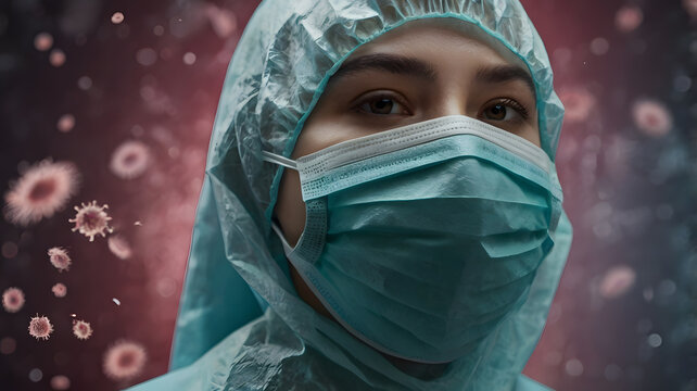 Healthcare worker in protective equipment with virus particles overlay, medical pandemic concept