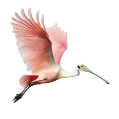 a graceful bird in flight. showcasing its vibrant pink and white feathers. with a long beak and...