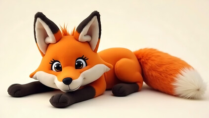 Obraz premium A realistic soft toy fox with fiery orange fur, a bushy tail tipped with white, and pointed ears, lying down in a relaxed and approachable position.
