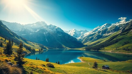 Alpine Lake Nestled Among Majestic Snow Capped Mountains