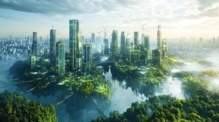 Verdant city landscape, sustainable future, aerial view, wind turbines, sunrise