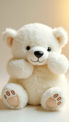 A soft toy polar bear with pristine white fur, a black button nose, and small, padded paws, lying on its belly in a playful and huggable pose, radiating warmth and charm.

