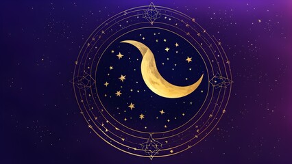 Naklejka premium A crescent moon surrounded by stars and geometric designs against a purple background.