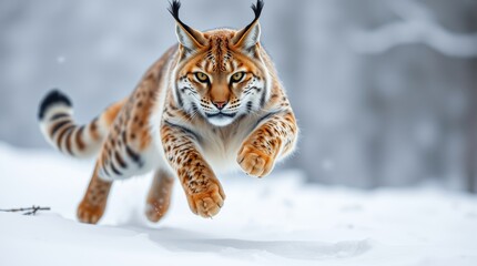 Obraz premium Eurasian Lynx Leaping Through Snowy Winter Forest