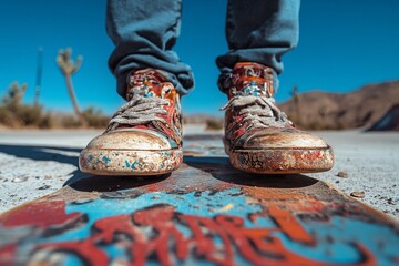 Colorful Sneakers on a Graffiti Skateboard in the Desert