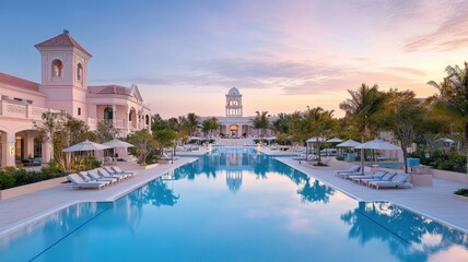 Wide angle view of a luxurious resort bathed in warm sunlight, showcasing stunning architecture and serene surroundings.