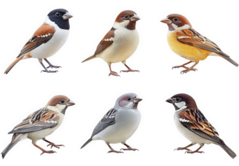 six different species of birds. showcasing their distinct colors and characteristics the arrangement highlights their diversity and beauty. making it suitable for educational purposes or nature-relate