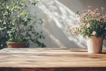 Empty wooden table with minimalist decoration and pot with spring flowers in the background. Natural light. Generative Ai