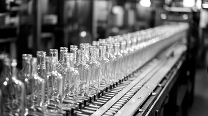 Conveyor belt carrying glass bottles for alcohol filling, high speed 