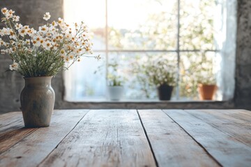Fototapeta premium Empty wooden table with spring flowers in the vase and window in the background. Natural light. Generative Ai