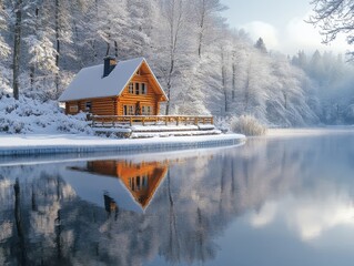 A picturesque log cabin nestled on the snowy shore of a tranquil lake. The reflection of the cabin in the still water creates a serene and idyllic winter scene.