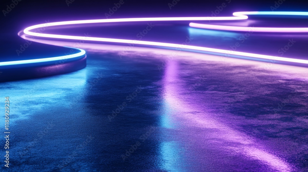 Poster 3d rendering of abstract neon light curves reflected in puddles on a grunge surface suitable for pro
