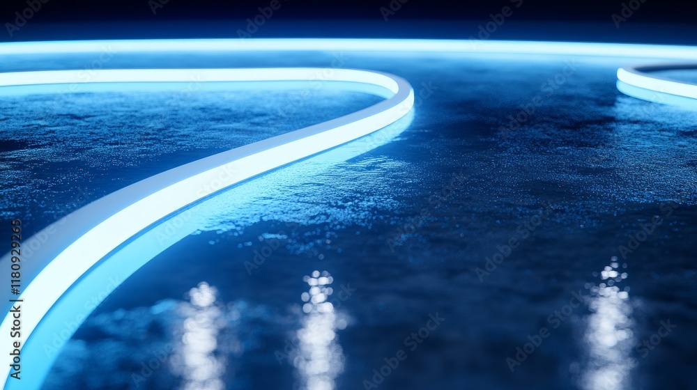 Poster 3d rendering of abstract neon light curves reflected in puddles on a grunge surface suitable for pro