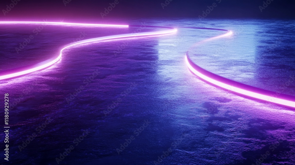 Poster 3d rendering of abstract neon light curves reflected in puddles on a grunge surface suitable for pro