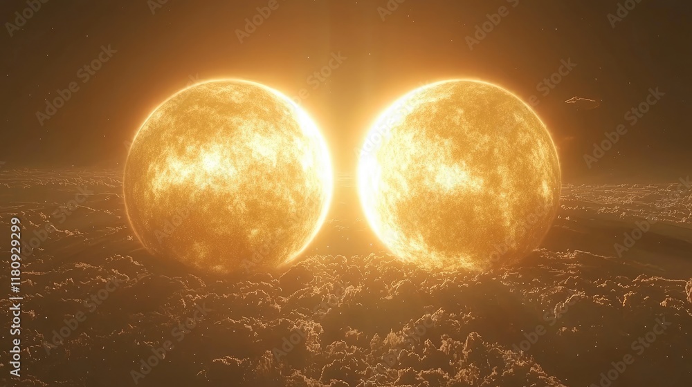 Poster cosmic dance: a mesmerizing view of a binary star system, showcasing the celestial ballet of two rad